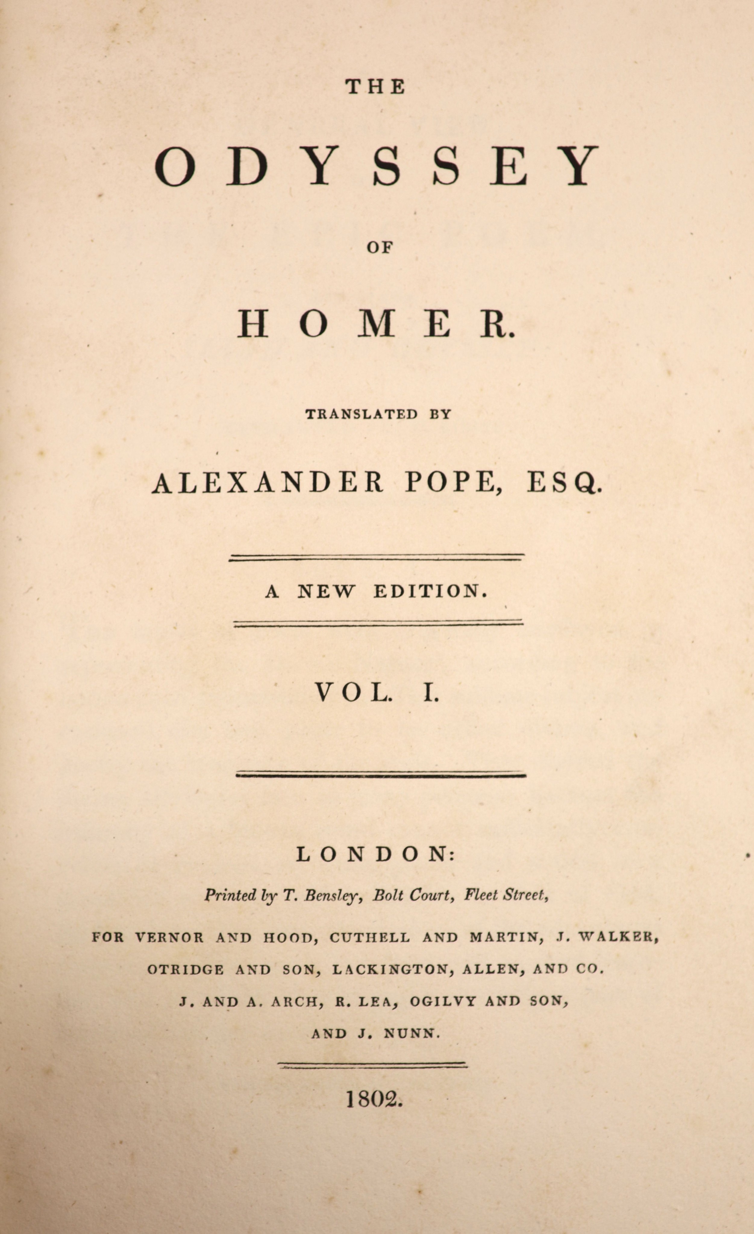 Pope, Alexander - The Odyssey of Homer. Translated by Alexander Pope, Esq. new edition, 2 vols, 3 engraved plates: old blind-decorated and gilt-ruled calf, gilt-decorated spines with green labels, roy.8vo. 1802